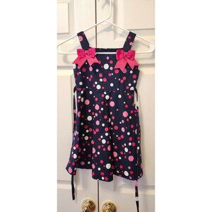 Girl Jessica Ann Navy Blue Pink Polka Dot Grosgrain Ribbon Twirl Dress Size 5